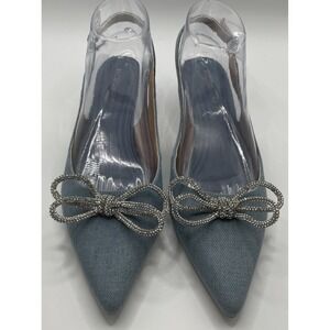 BCBG Donna 2 Embellished Rhinestone Bow Denim Kitten Heels Women's Size 8